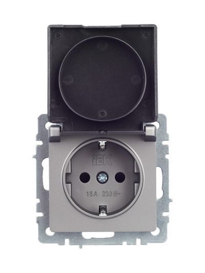 BRITE Розетка 1-местная с заземлением с защитными шторками и крышкой 16А IP44 РСбш10-3-44-БрС сталь IEK