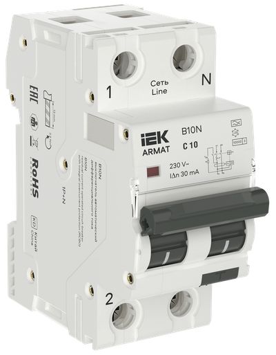 ARMAT Автоматический выключатель дифференциального тока B10N 1P+N C10 30мА тип A (36мм) IEK