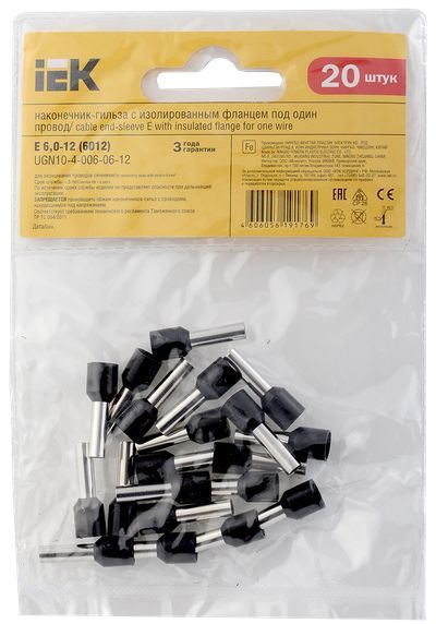 Наконечник НШВИ   6,00-12 Наконечник-гильза Е6012 6мм2 (черный,20шт) IEK