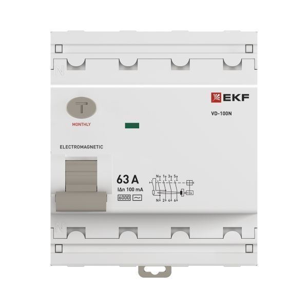 Выключатель дифференциального тока ВД-100N 4P 63А 100мА тип AC эл-мех 6кА PROXIMA EKF