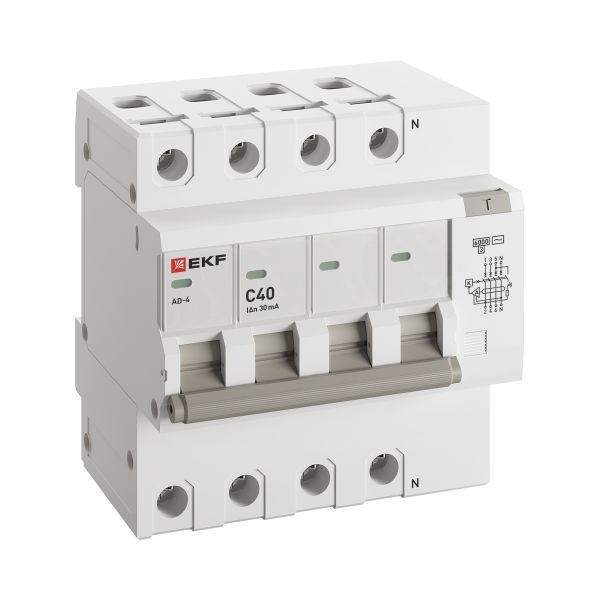 Автоматический выключатель дифференциального тока АД-4 4P 40А характеристика C 30мА тип АС электронный 6кА PROXIMA EKF