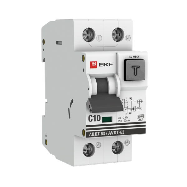 Автоматический выключатель дифференциального тока АВДТ-63 1P+N 10А характеристика C 100мА тип AС электромеханический 6кА EKF PROXIMA
