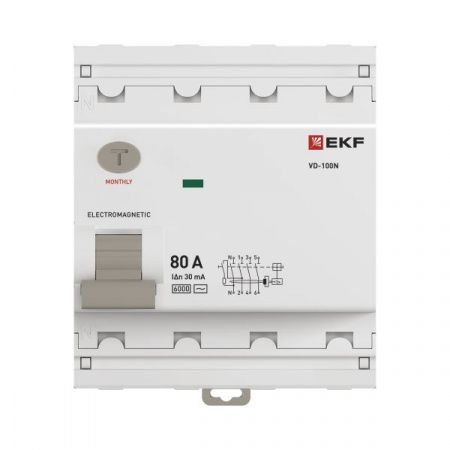Выключатель дифференциального тока ВД-100N 4P 80А 30мА AC эл-мех 6кА PROXIMA EKF
