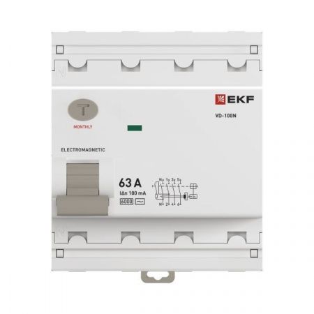 Выключатель дифференциального тока ВД-100N 4P 63А 100мА тип AC эл-мех 6кА PROXIMA EKF