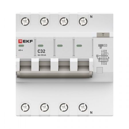 Автоматический выключатель дифференциального тока АД-4 4P 32А характеристика C 30мА тип АС электронный 6кА PROXIMA EKF