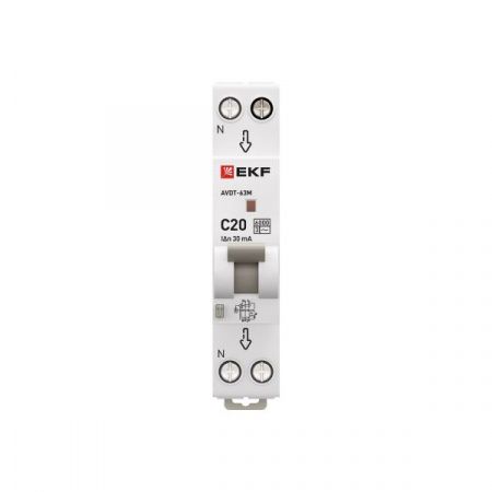 Автоматический выключатель дифференциального тока АВДТ-63М 1P+N 18мм 20А характеристика С 30мА тип AС электронный 6кА PROXIMA EKF